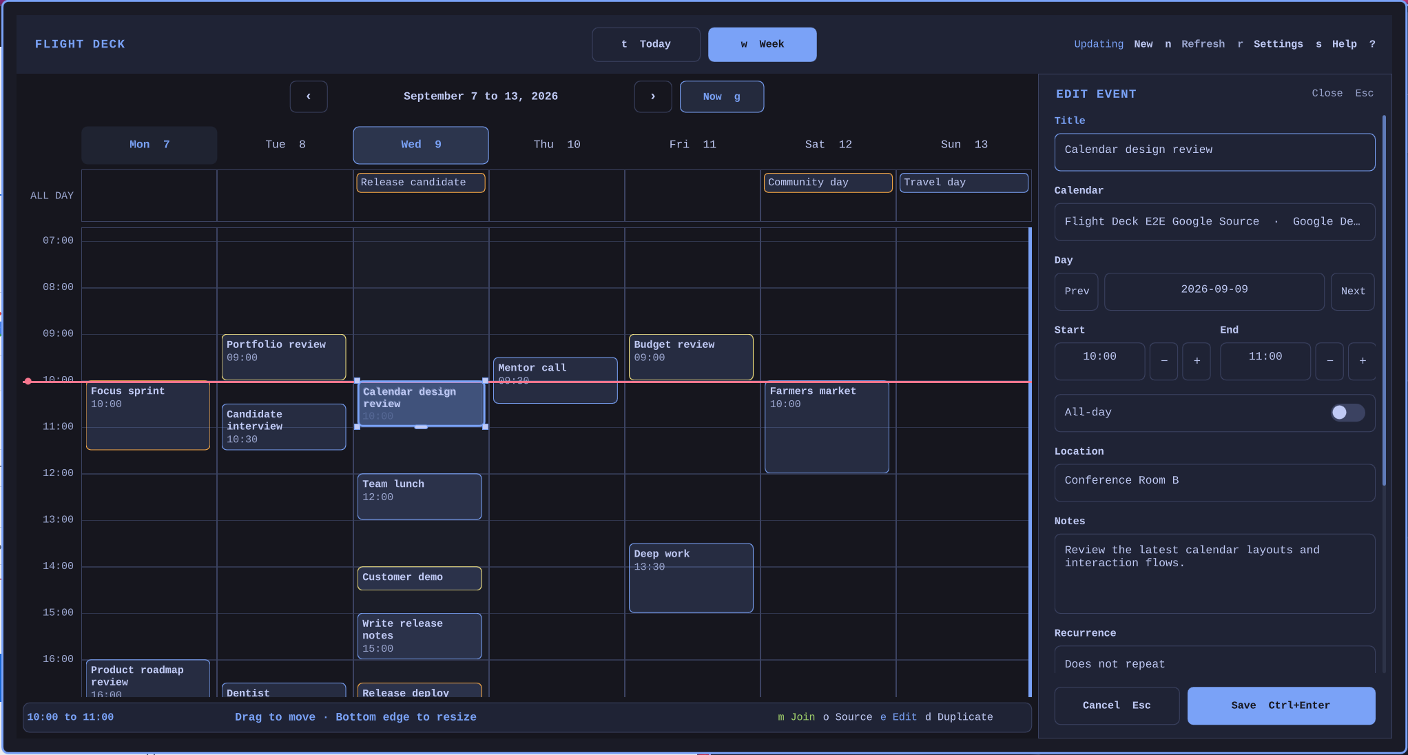 Flight Deck Calendar Week view with a selected event open in the right-side editor.